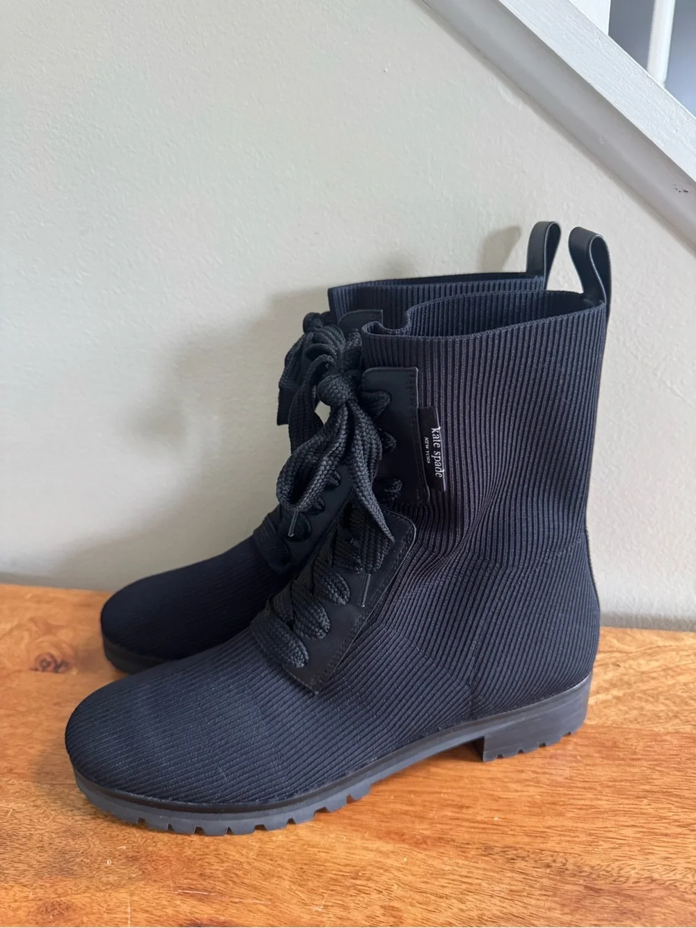 kate spade Black Ribbed Knit Lace-Up Ankle Boots